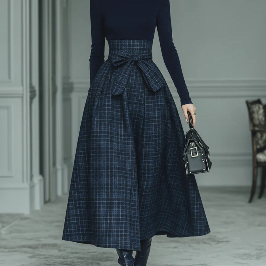 Lila Turtleneck Stretch Top & Plaid Skirt Set