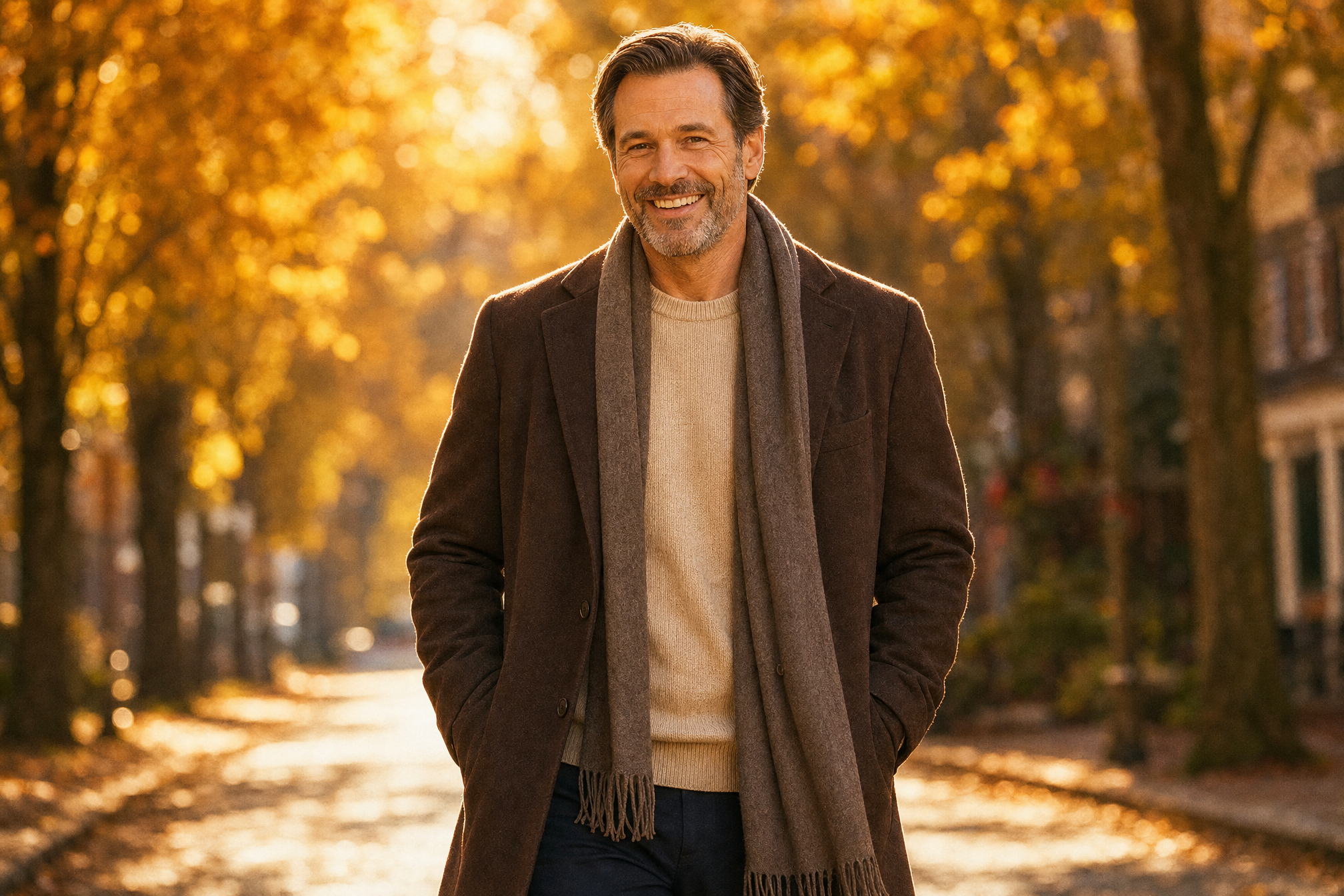 A man in a brown overcoat and beige sweater walking down a sunlit autumn street