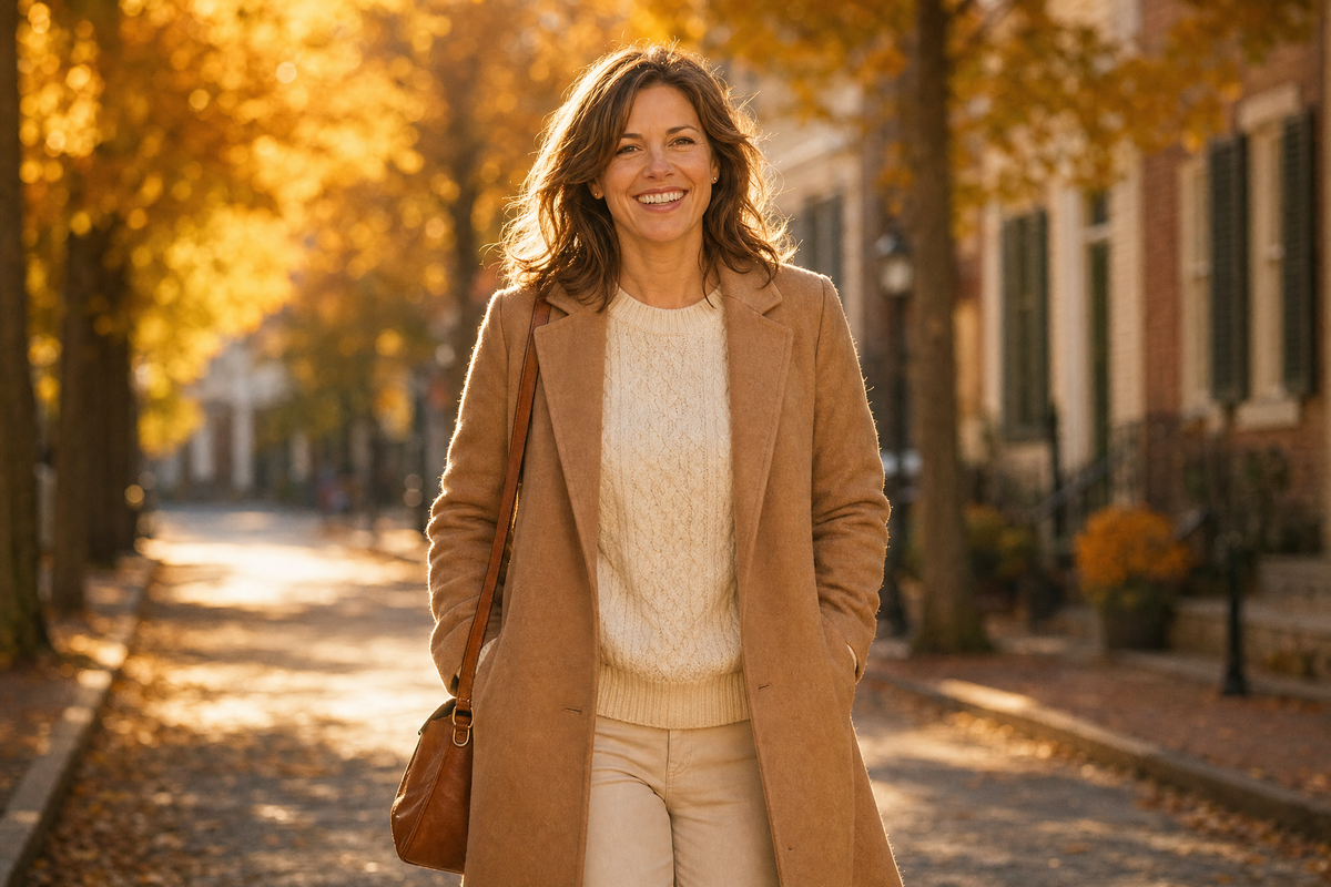 A woman in a camel coat and cream knit sweater walking down a sunlit autumn street